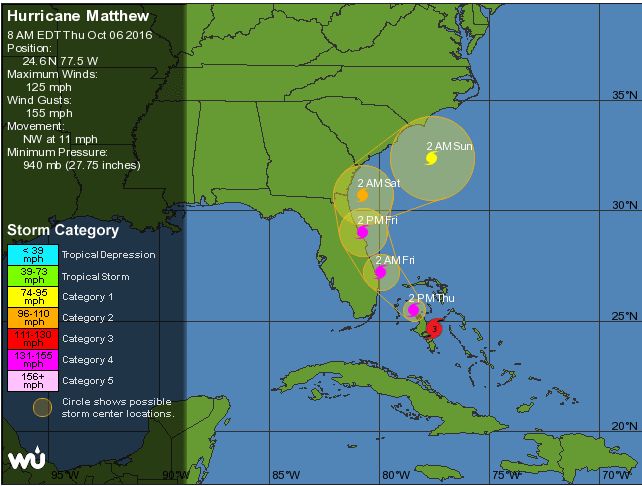 Orkanen Matthew nærmer sig Florida. Screenshot: wunderground.com